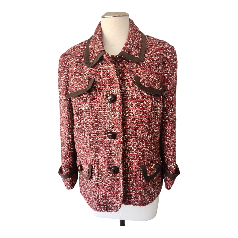 Talbots Red and Black Wool Blend Tweed Jacket 12 - Picture 2 of 9